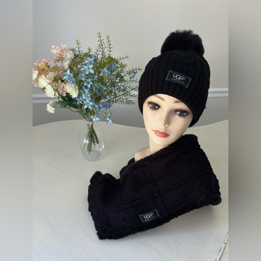 UGG Black Knit Beanie and Scarf Set with Pom
